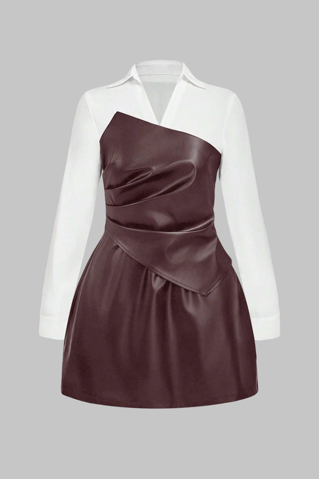 Plus Size Faux Leather Patchwork V-Neck Ruched Long Sleeve Mini Dress Micas Plus Size Faux Leather Patchwork V-Neck Ruched Long Sleeve Mini Dress Micas