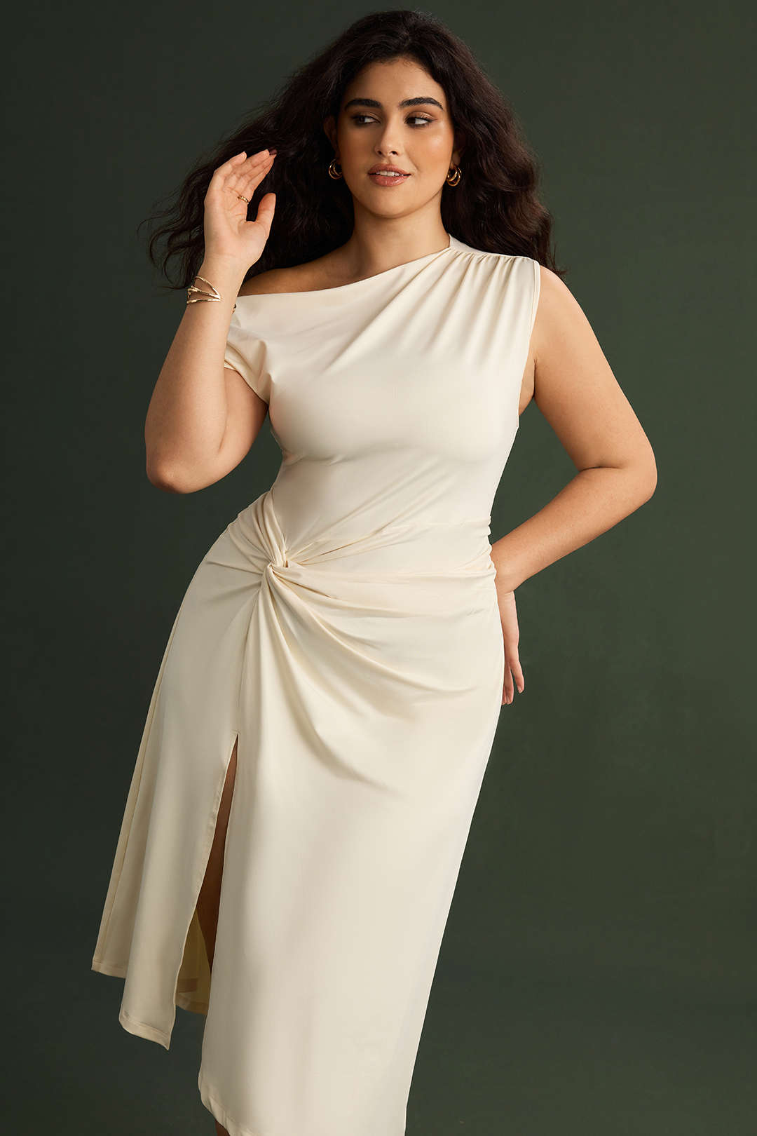 Plus Size Asymmetrical Sleeveless Ruched Midi Dress Micas Plus Size Asymmetrical Sleeveless Ruched Midi Dress Micas