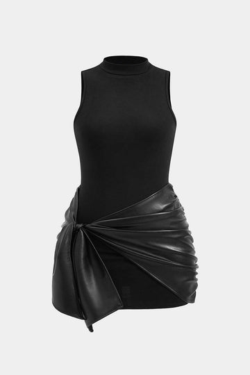 Plus Size Faux Leather Patchwork Tie Front Sleeveless Mini Dress  Micas