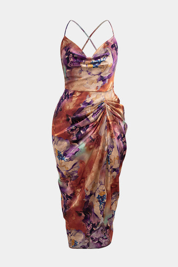 Plus Size Floral Print Satin Draped Cowl Neck Ruched Crossed Sleeveles Micas Plus Size Floral Print Satin Draped Cowl Neck Ruched Crossed Sleeveles Micas