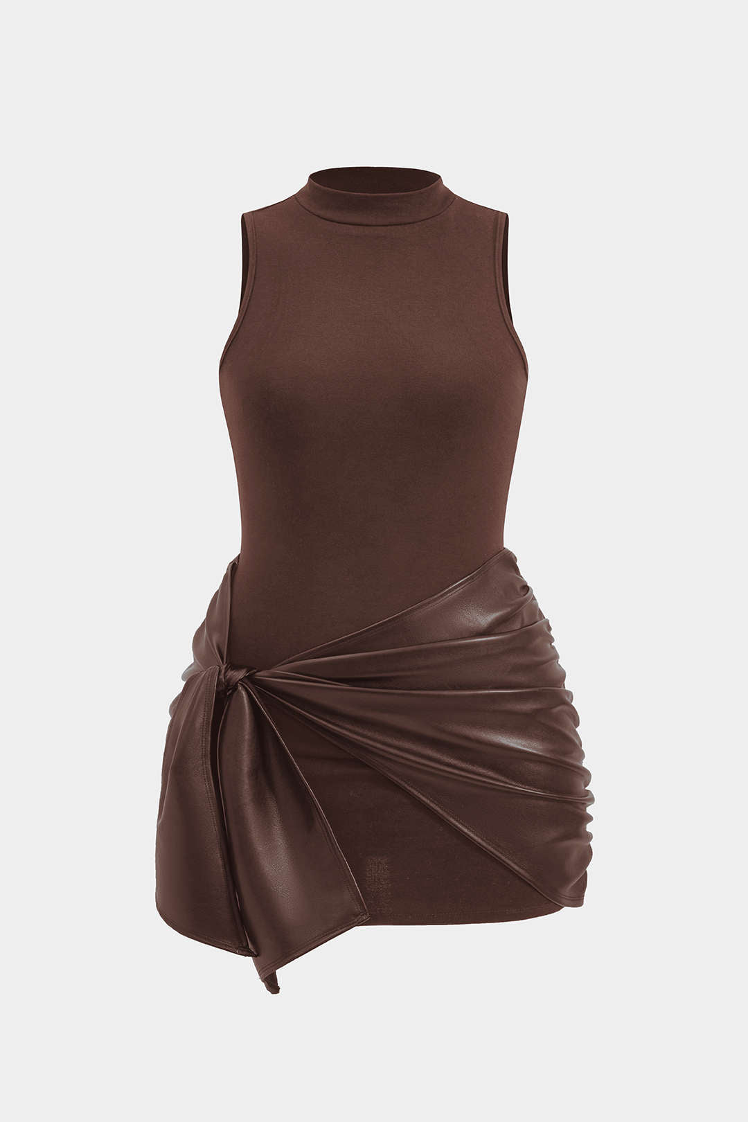 Plus Size Faux Leather Patchwork Tie Front Sleeveless Mini Dress Micas Plus Size Faux Leather Patchwork Tie Front Sleeveless Mini Dress Micas