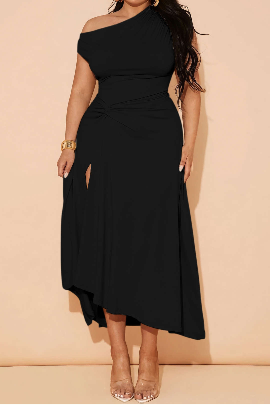Plus Size Asymmetrical Sleeveless Ruched Midi Dress – Micas