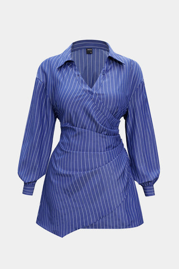 Plus Size Stripes Print Crossed Ruched Smocked Long Sleeve Mini Dress Micas Plus Size Stripes Print Crossed Ruched Smocked Long Sleeve Mini Dress Micas