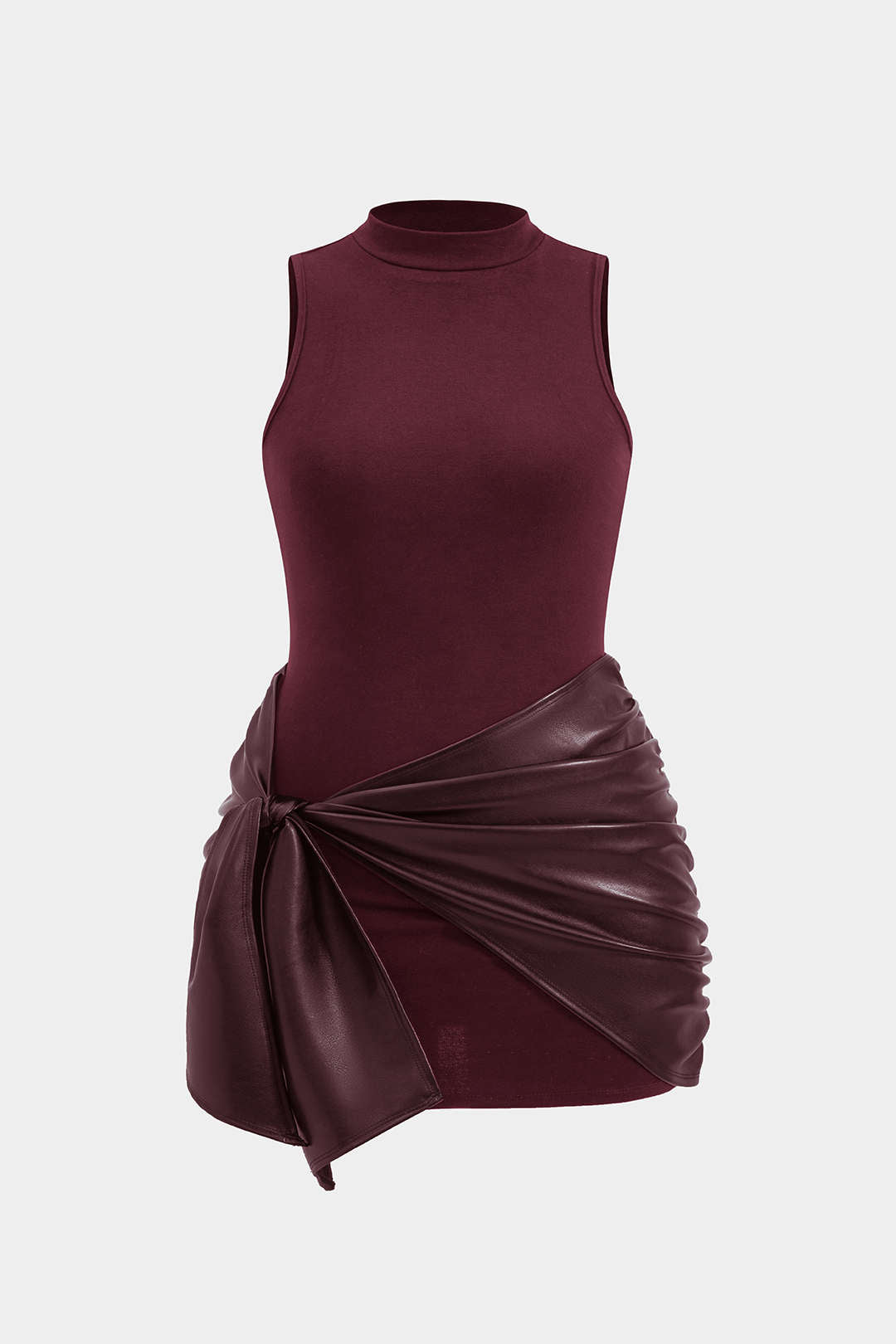 Plus Size Faux Leather Patchwork Tie Front Sleeveless Mini Dress Micas Plus Size Faux Leather Patchwork Tie Front Sleeveless Mini Dress Micas